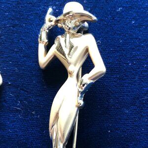 Vintage Gold Tone Woman In Heels Wearing Hat Suit Pin Brooch  3"
